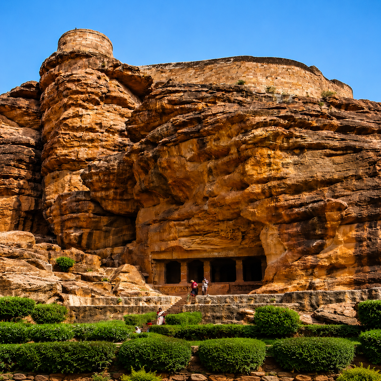 Ancient Badami Cave Temple carved into sandstone cliffs in Karnataka, India