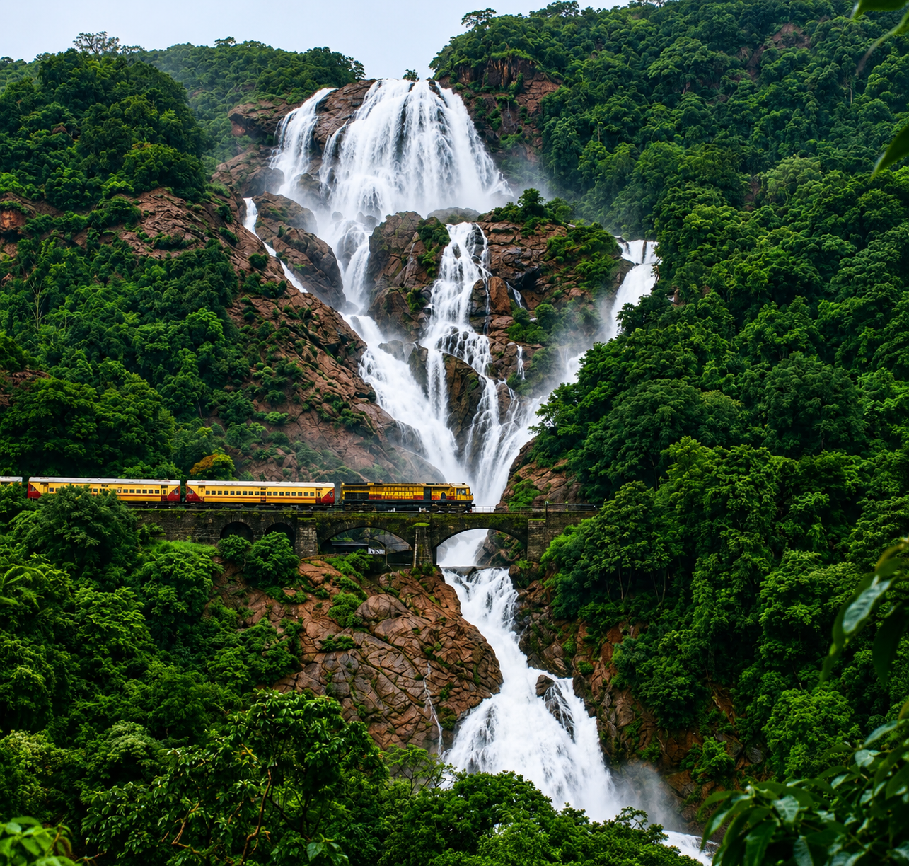 Dudhsagar Falls cascading through the Western Ghats in Goa and Karnataka