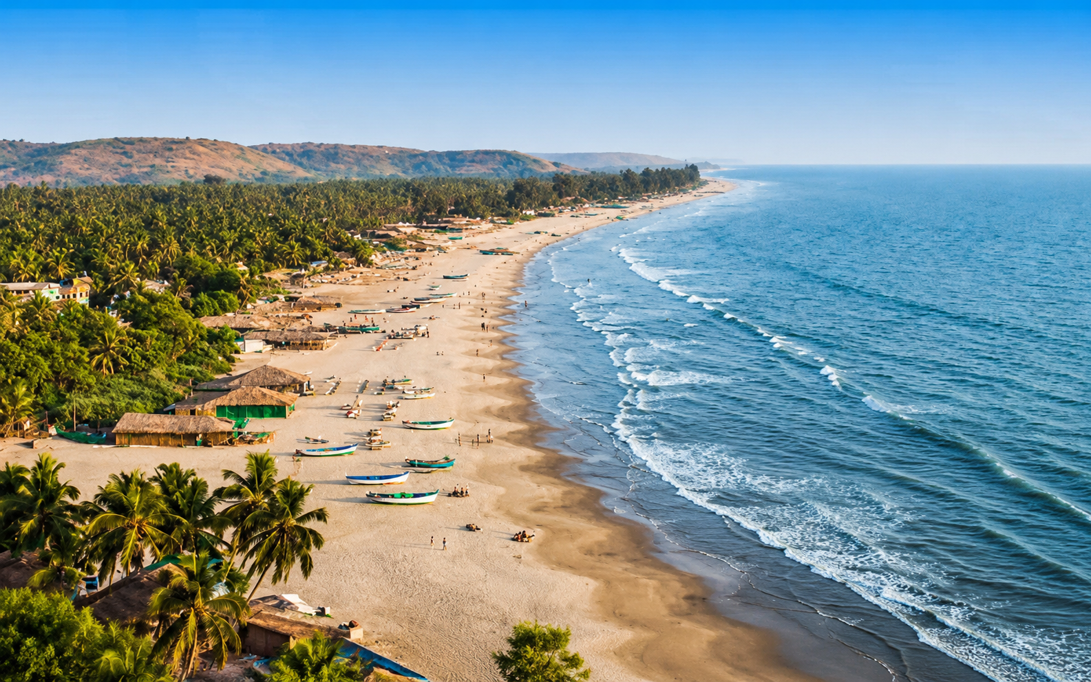 Beautiful Goa coastline with palm trees, sandy beach, and blue ocean