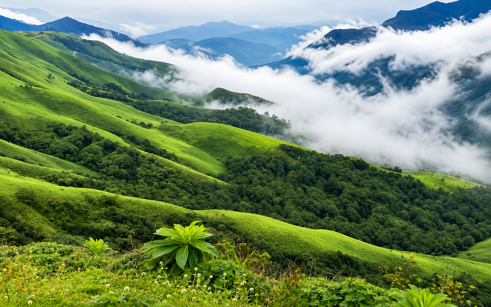 Panoramic view of mist-covered green hills in Karnataka's Western Ghats