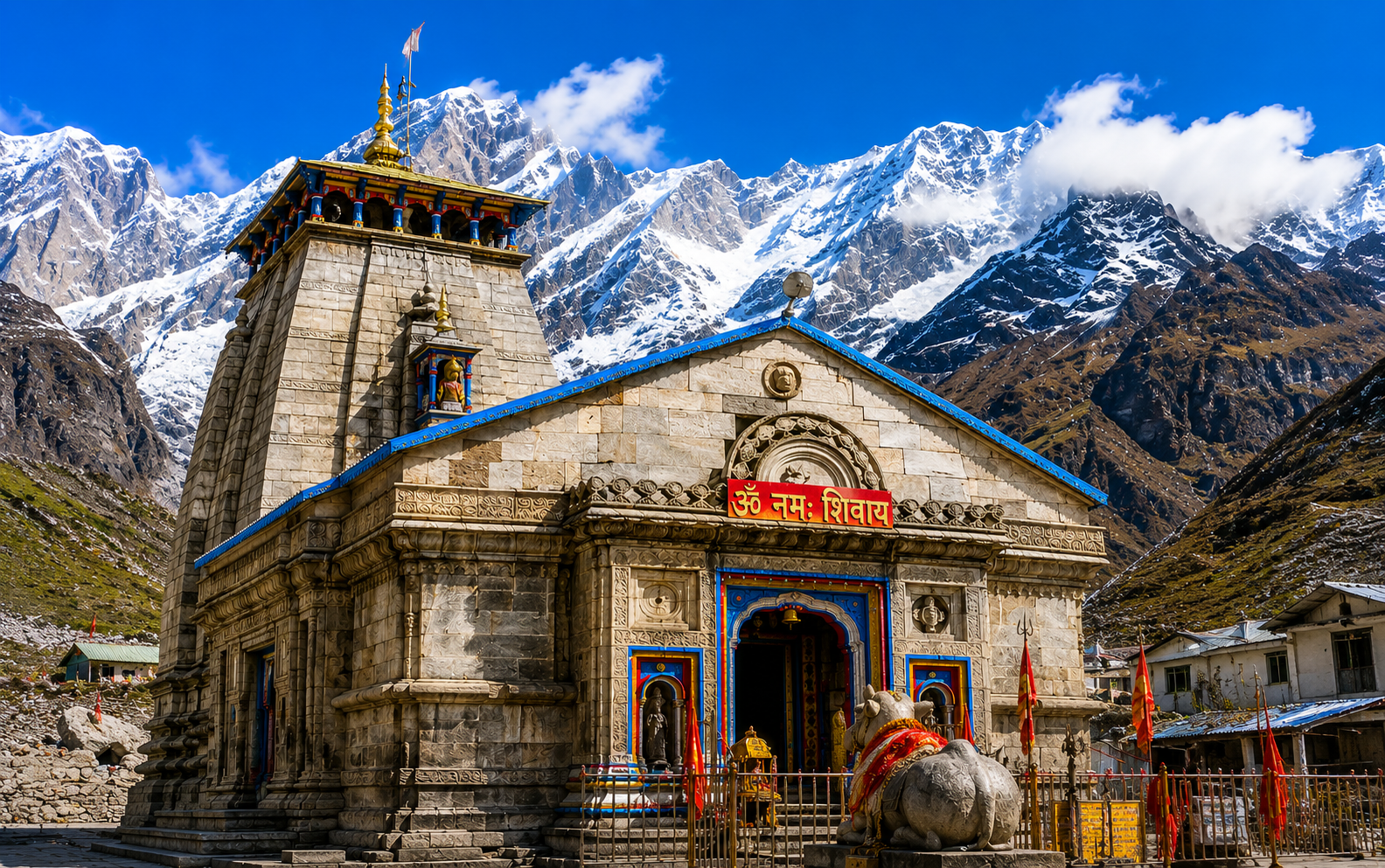 Kedarnath Temple surrounded by snow-covered 